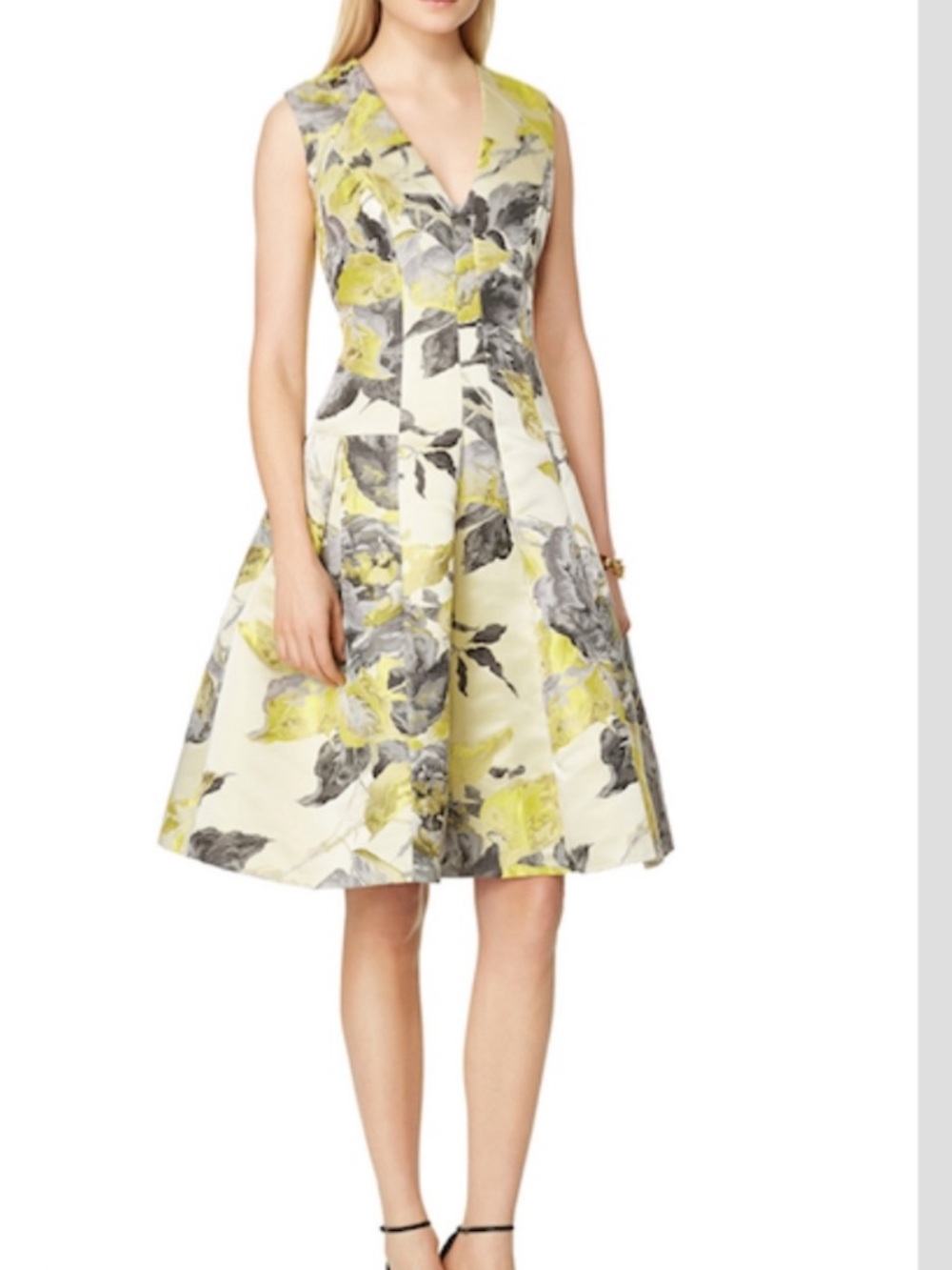 Carmen Marc Valvo Yellow and Gray Floral Midi Fit-and-Flare Dress